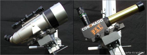 Fernglas und Sonnen- Teleskop am Parallelogramm montiert